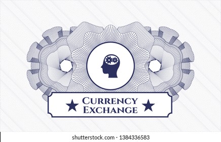 Blue abstract rosette with head with gears inside icon and Currency Exchange text inside