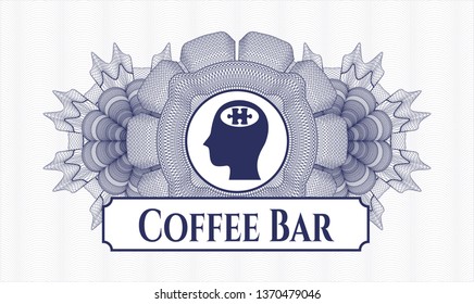 Blue abstract rosette with head with jigsaw puzzle piece icon and Coffee Bar text inside