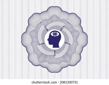 Blue abstract rosette. with head with jigsaw puzzle piece icon inside