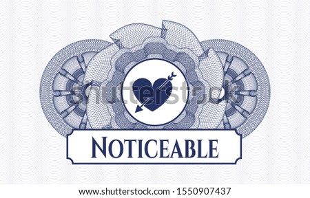 Blue abstract rosette with heart with arrow icon and Noticeable text inside