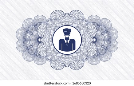 Blue abstract rosette with man wearing face mask icon inside