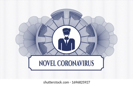 Blue abstract rosette with man wearing face mask icon and Novel Coronavirus text inside