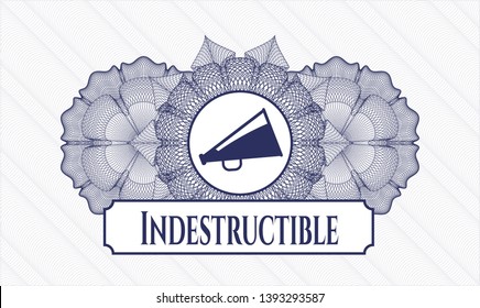 Blue abstract rosette with megaphone icon and Indestructible text inside