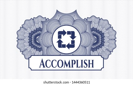 Blue abstract rosette with recycle icon and Accomplish text inside