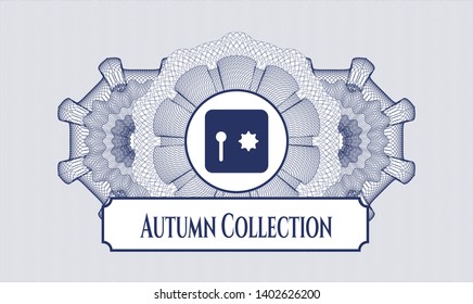 Blue abstract rosette with safe, safety deposit box icon and Autumn Collection text inside