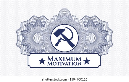 Blue abstract rosette with sickle and hammer icon and Maximum Motivation text inside