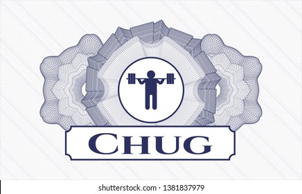 Blue abstract rosette with squat icon and Chug text inside