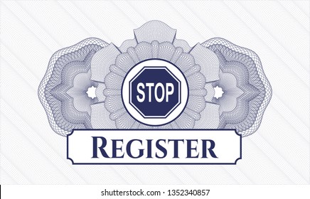 Blue abstract rosette with stop icon and Register text inside