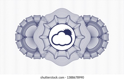 Blue abstract rosette with sun behind cloud icon inside