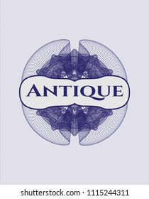 Blue abstract rosette with text Antique inside