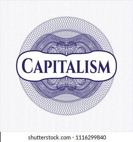 Blue abstract rosette with text Capitalism inside