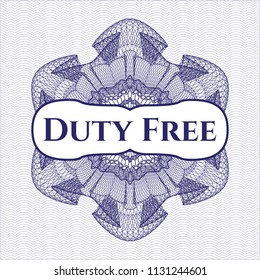 Blue abstract rosette with text Duty Free inside