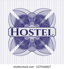 Blue abstract rosette with text Hostel inside