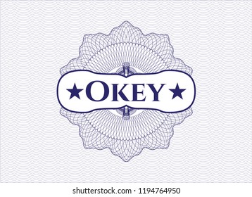 Blue abstract rosette with text Okey inside