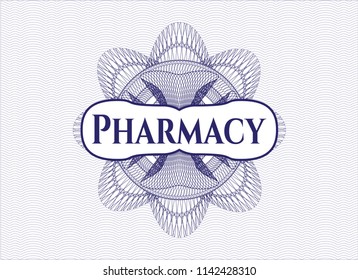 Blue abstract rosette with text Pharmacy inside