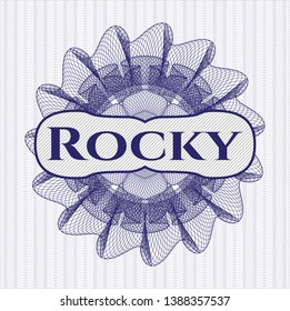 Blue abstract rosette with text Rocky inside