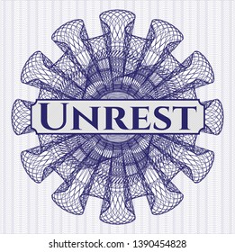 Blue abstract rosette with text Unrest inside