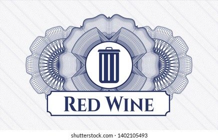 Blue abstract rosette with trash can icon and Red Wine text inside
