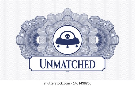 Blue abstract rosette with ufo with aline inside icon and Unmatched text inside