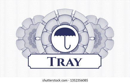 Blue abstract rosette with umbrella icon and Tray text inside