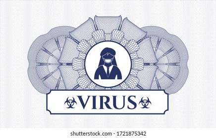 Blaue abstrakte Rosette. Vektorgrafik. Detaillierte Angaben mit Frauen, die Gesichtsmaske-Symbol und Virus-Text im Inneren tragen