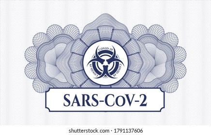 Blue abstract rosette. Vector Illustration. Detailed with biohazard covid-19 icon and SARS-CoV-2 text inside