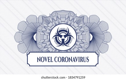 Blaue abstrakte Rosette. Vektorgrafik. Detaillierte Angaben mit dem Biogefährdungssymbol covid-19 und dem Text von Novel Coronavirus