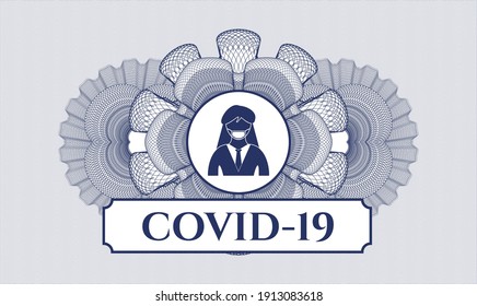 Blue abstract rosette. Vector Illustration. Detailed with woman wearing face mask icon and COVID-19 text inside