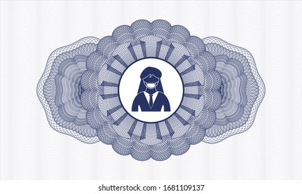 Blue abstract rosette with woman wearing face mask icon inside