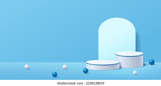 Blue abstract scene background with white 3d cylinder pedestal podium for display product presentation. Minimal geometric shape platform studio, Vector illustration