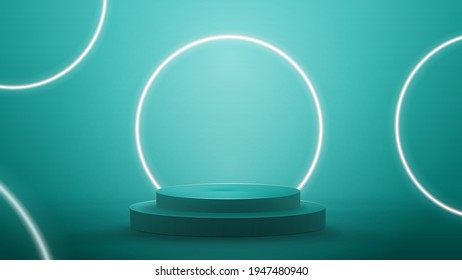 Blue abstract scene with neon white rings. Empty podium with white neon rings on background.