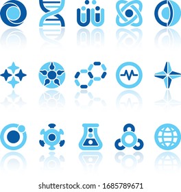 Blue abstract science symbols on the white