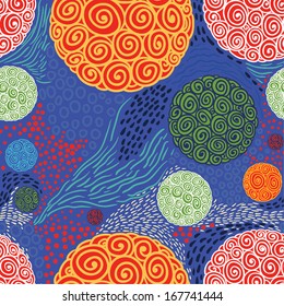 blue abstract seamless pattern with circles, waves and blots