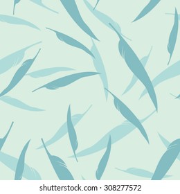 Blue Abstract Seamless Pattern with Feathers on Turquoise Background. Vector Illustration. Eps 10.