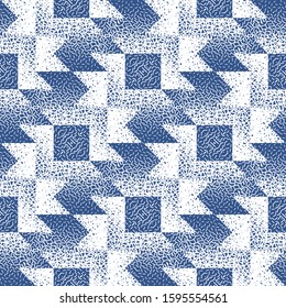 Blue abstract seamless pattern of geometric shapes with texture. Stock vector illustration.