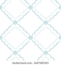 Blue abstract seamless pattern, geometric vintage tile with seashells.	