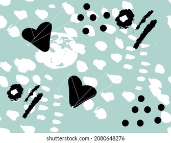 Blue abstract seamless pattern. With hand drawn hearts. Ideal for textiles, packaging. Vector background