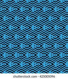 Blue abstract seamless pattern with interweave lines. Vector ornament wallpaper. Endless decorative background, visual effect geometric tracery with rhombs.