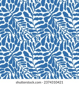 Blue abstract seamless pattern with leaves palm in Matisse style. Vector hand drawn print with scandinavian cut out elements. Vector endless illustration for paper, cover, fabric, interior decor.