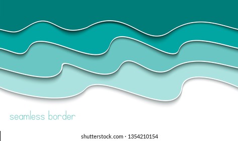 Blue abstract seamless wavy border. Banner template.  Monochrome background. Banner concept. Paper cut sea waves. Vector illustration.