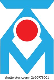 A blue abstract shape with a red circle in the middle, creating a modern and simple design for a logo. 
