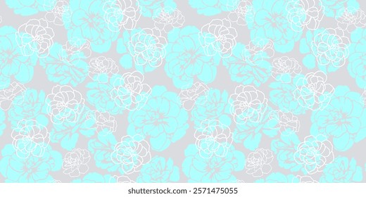 Blue abstract shapes buttercups, pansies flowers seamless pattern. Creative contour silhouettes, lines, outlined floral print. Vector hand drawn. Unique nature ornament for designs