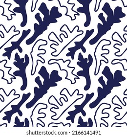 Las formas abstractas azules tienen contornos y líneas en un fondo blanco. Patrón vectorial sin fisuras dibujado a mano. Corten los collages modernos. Ilustración de tejidos, tejidos, cubiertas