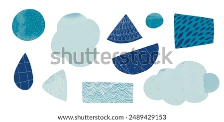 Blue abstract shapes, japanese pattern tape, organic figures and stickers for collages and scrapbook design.