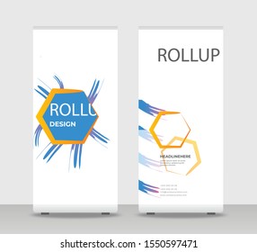 blue Abstract Shapes Modern Exhibition Advertising Trend Business Roll Up Banner Stand Poster Brochure flat design template creative concept. White background Roll Up EPS. Presentation Cover