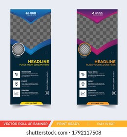 Blue Abstract Shapes Modern Exhibition Advertising Trend Business Roll Up Banner Stand Poster Brochure flat design template creative concept. Presentation. Cover Publication. Stock vector. EPS