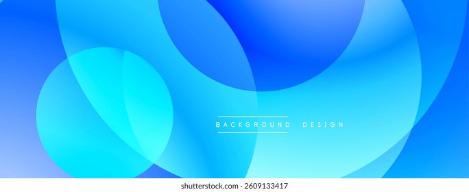 Blue abstract shapes overlap. Smooth gradients create dynamic visual effect. Minimalist design with text BACKGROUND DESIGN. Modern aesthetic.