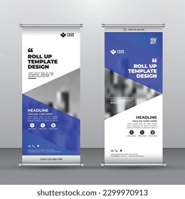 Blue Abstract Shapes Roll-Up Banner Design Vertical Template. vector, abstract geometric background, modern x-banner and flag-banner, rectangle size.