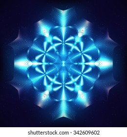 Blue abstract shining cosmic mandala un blue blurred background
