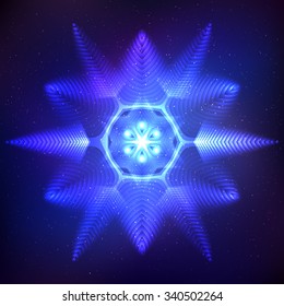 Blue abstract shining cosmic  snowflake star on dark blue background